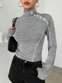 Dazy Star Cổ giả Contrast Piping Chi tiết Nút Áo thun - Xám - Xem 6