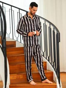 Men's Black Striped Pajama Set Regular Sleeve Lapel Gentleman Style Loungewear With Pockets And Buttons - Black - View 3