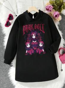 SHEIN 女大童人物和字母圖案加絨內裏衛衣洋裝 - 黑色 - 查看 1