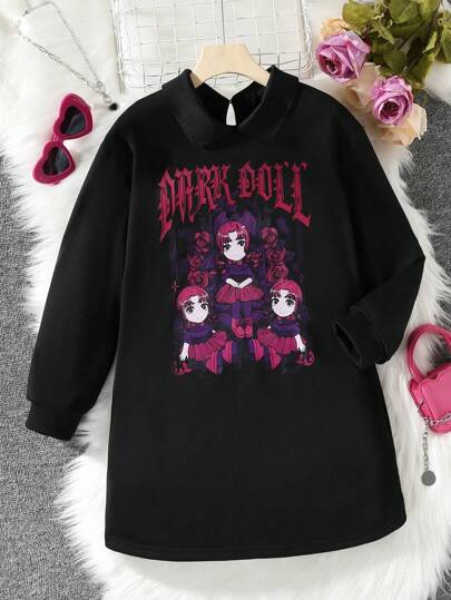 SHEIN 女大童人物和字母圖案加絨內裏衛衣洋裝