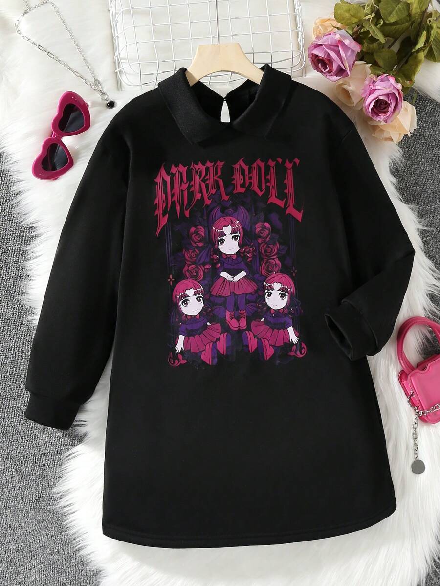 SHEIN 女大童人物和字母圖案加絨內裏衛衣洋裝 - 黑色 - 查看 1