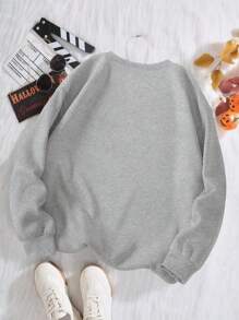 SHEIN EZwear 卡通图案保暖内衬套头卫衣 秋季卫衣 - 灰色 - 查看 2