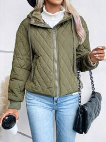 Chiquease 拉链抽绳连帽绗缝加厚外套冬季服装 - 綠色 - 查看 4