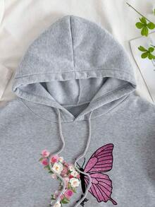SHEIN EZwear Plus Size Butterfly & Floral Print Kangaroo Pocket Drawstring Thermal Lined Sweatshirt - Grey - View 8