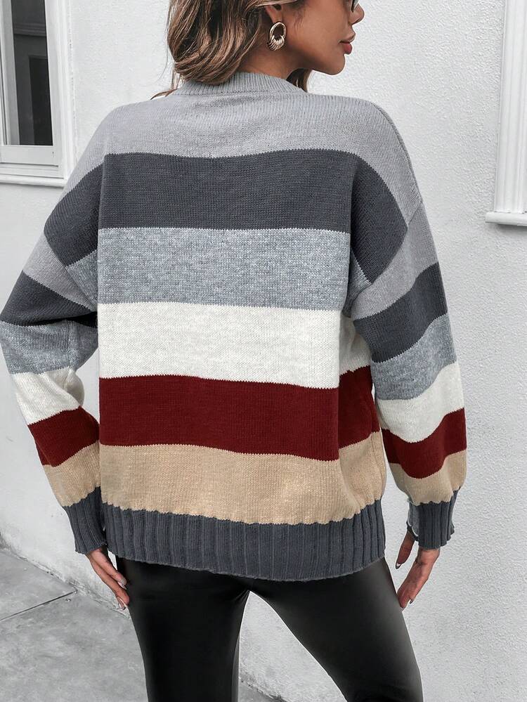 Color Block Drop Shoulder Knit Pullover Fall Winter Sweater