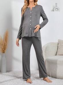Moonlight&Mama Maternity Button Front Lounge Set For Mother Cozy And Elegant Details, Fall & Winter Clothes Outfit - Dark Grey - View 4