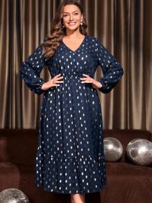 EMERY ROSE Hơn In chấm vàng Tay áo lồng đèn Xù Hoa Sen Đầm - Màu xanh hải quân - Xem 1