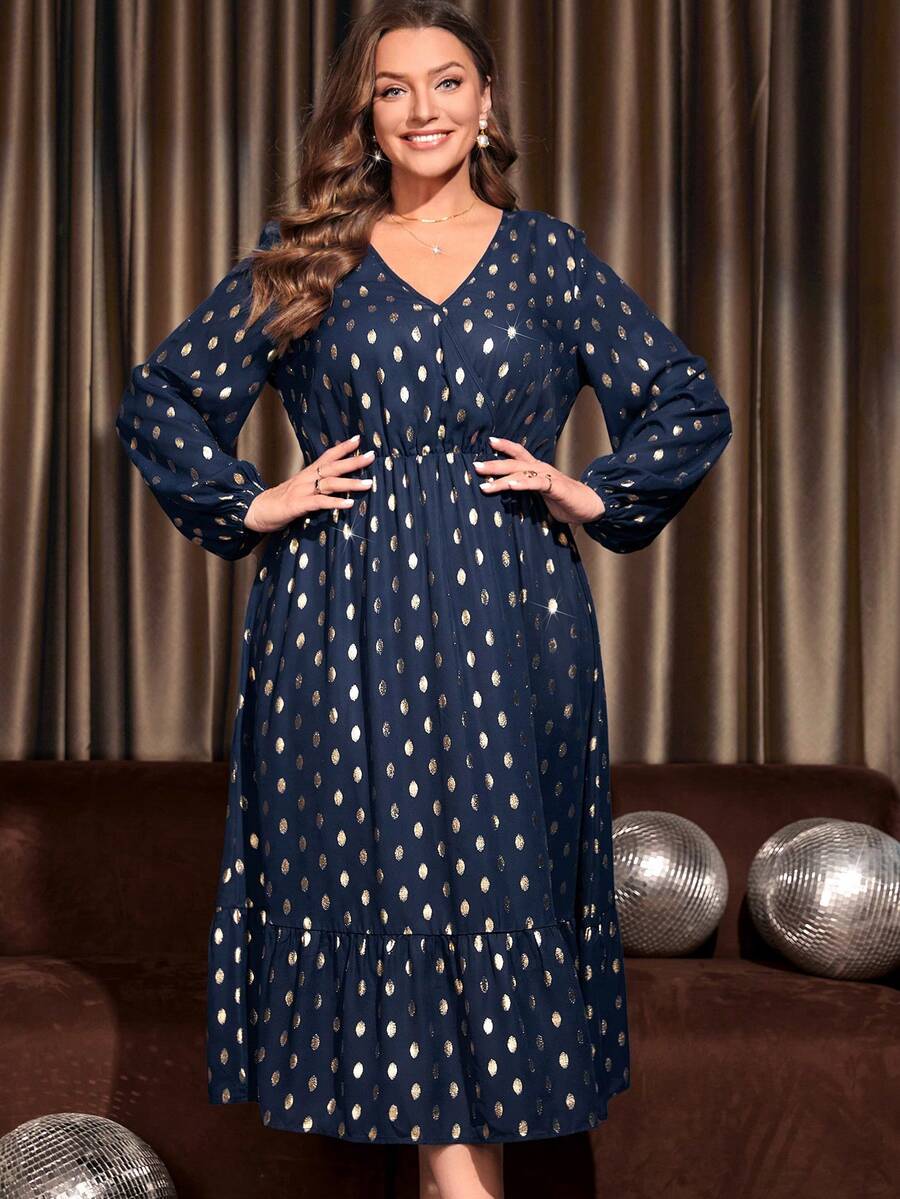 EMERY ROSE Hơn In chấm vàng Tay áo lồng đèn Xù Hoa Sen Đầm - Màu xanh hải quân - Xem 1