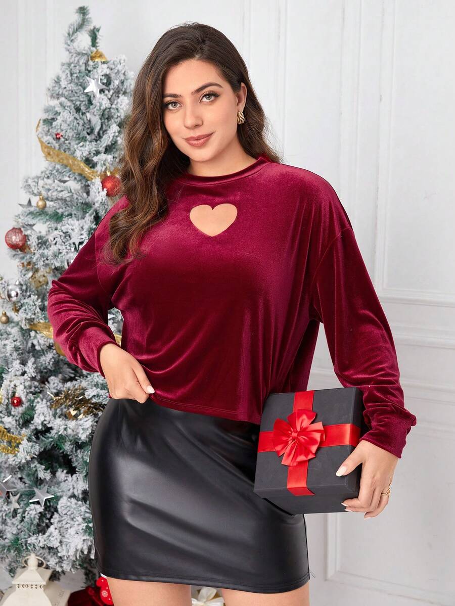 SHEIN Privé Plus Heart Cut Out Drop Shoulder Tee - Burgundy - View 1