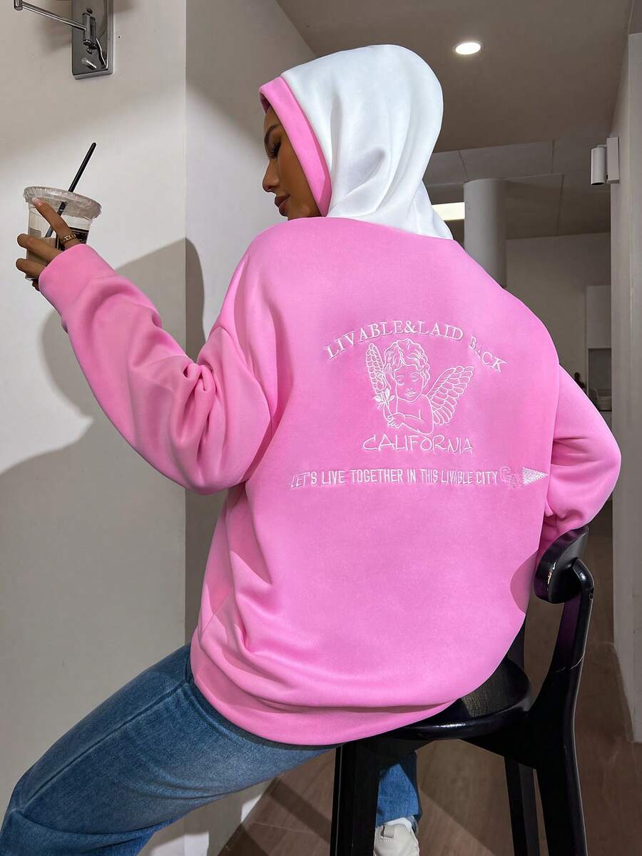 SHEIN Unity 標語&天使刺繡落肩袖連帽衫 - 彩色 - 查看 1