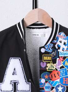 SHEIN 男大童貼布細節條紋飾邊學院風夾克不帶T恤 - 黑色 - 查看 6