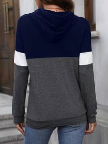 SHEIN LUNE Color Block Kangaroo Pocket Drawstring Hoodie - Blue - View 2