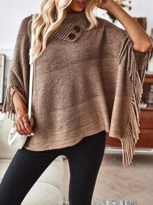 EMERY ROSE Button Detail Fringe Trim Batwing Sleeve Cowl Neck Poncho Sweater - Khaki - View 4