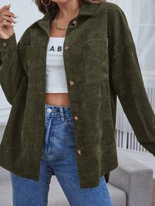 SHEIN Essnce 落肩袖口袋貼布燈芯絨大衣 - 軍綠色 - 查看 4
