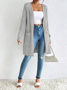 SHEIN Essnce Túi Kép Mở Mặt trước áo - Xám - Xem 4