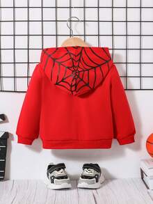 SHEIN Baby Boy Spider Web Graphic Zip Up Hoodie Without Tee - Red - View 2