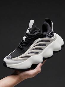 Sportliche klobige Schuhe für Herren, zweifarbige Turnschuhe mit Buchstaben-Patch-Dekor zum Schnüren - Schwarz und Weiss - Übersicht 4