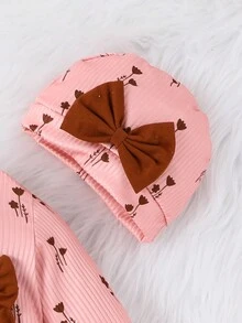 Baby Girl Floral Print Ruffle Trim Flounce Sleeve Jumpsuit & Hat - Pink - View 6