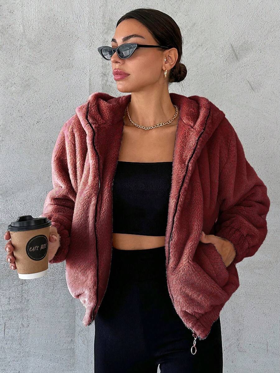 SHEIN Cottnline Dây kéo áo có mũ Áo Teddy Jackets - Màu Đỏ Sâu - Xem 1