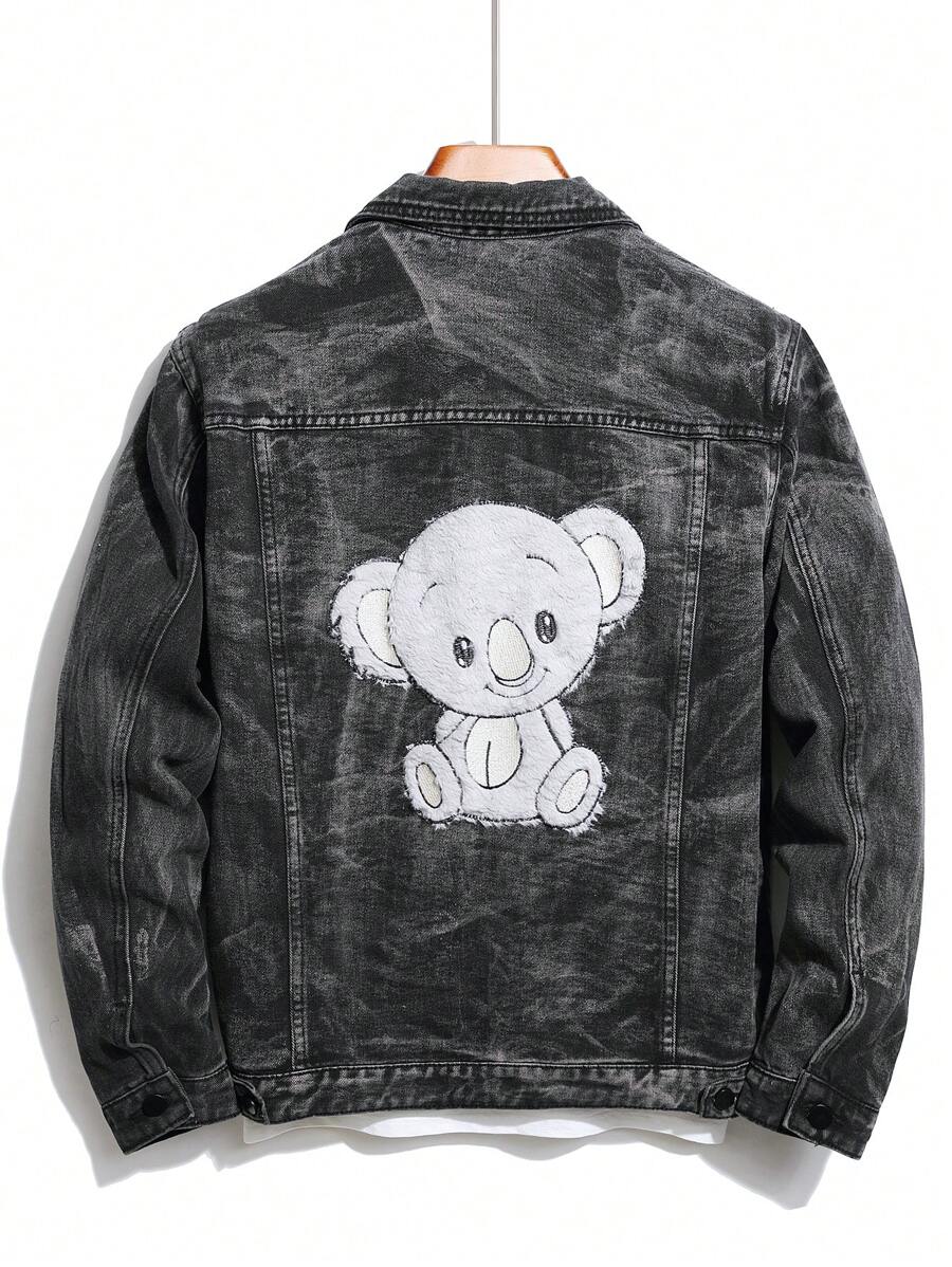 Manfinity Homme Nam Koala Thêu Túi có nắp Áo khoác denim Without Tee - màu đen - Xem 1
