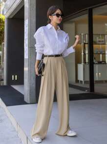 Dazy Star Chi tiết nếp Quần ống rộng - Màu Khaki - Xem 6