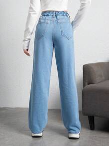 SHEIN 少女日常直腳牛仔褲 - 淺色水洗藍 - 查看 2