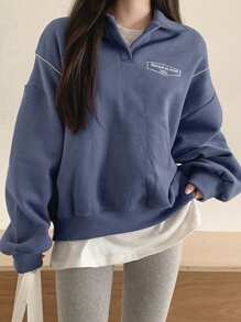 DAZY Đồ họa Chữ cái Contrast Piping Thả vai Áo chui đầu Oversized - Màu tím - Xem 4