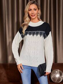 SHEIN LUNE Colorblock Contrast Lace Cable Knit Sweater - Multicolor - View 1