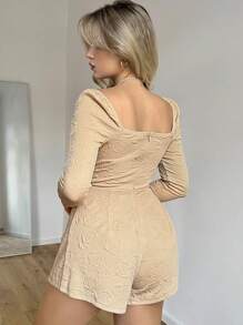SHEIN Privé Sweetheart Neck Raglan Sleeve Jacquard Romper - Khaki - View 4