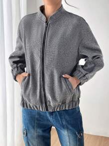 SHEIN EZwear 素色拉鏈開襟落肩袖花呢外套 - 灰色 - 查看 3