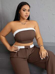 SHEIN EZwear Plus Contrast Trim Tube Top & Wide Leg Pants - Coffee Brown - View 6