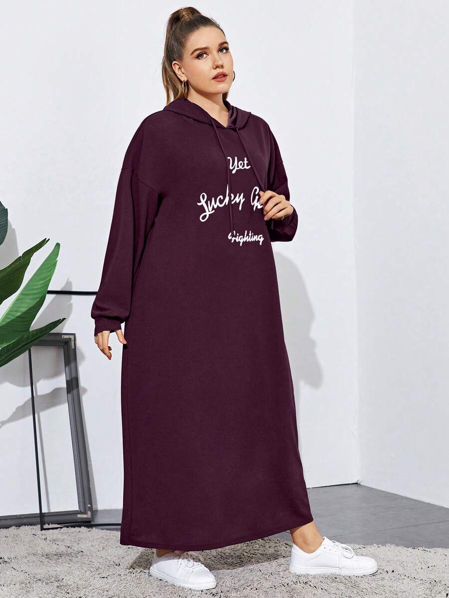 Mulvari 大碼標語圖案抽繩連帽洋裝 - 紫色 - 查看 1