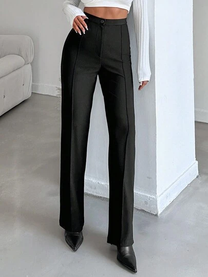 SHEIN PETITE Petite Size Cotton Women's Solid Color Straight Leg Pants