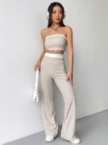 Muchica 格紋印花抹胸上衣和喇叭褲 - 卡其色 - 查看 4