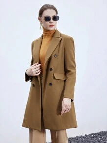 SHEIN BIZwear Lapel Neck Double Breasted Overcoat - Coffee Brown - View 3