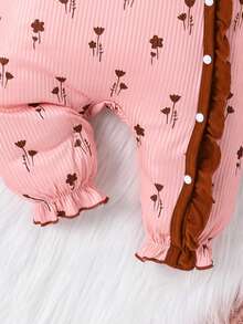 Baby Girl Floral Print Ruffle Trim Flounce Sleeve Jumpsuit & Hat - Pink - View 4