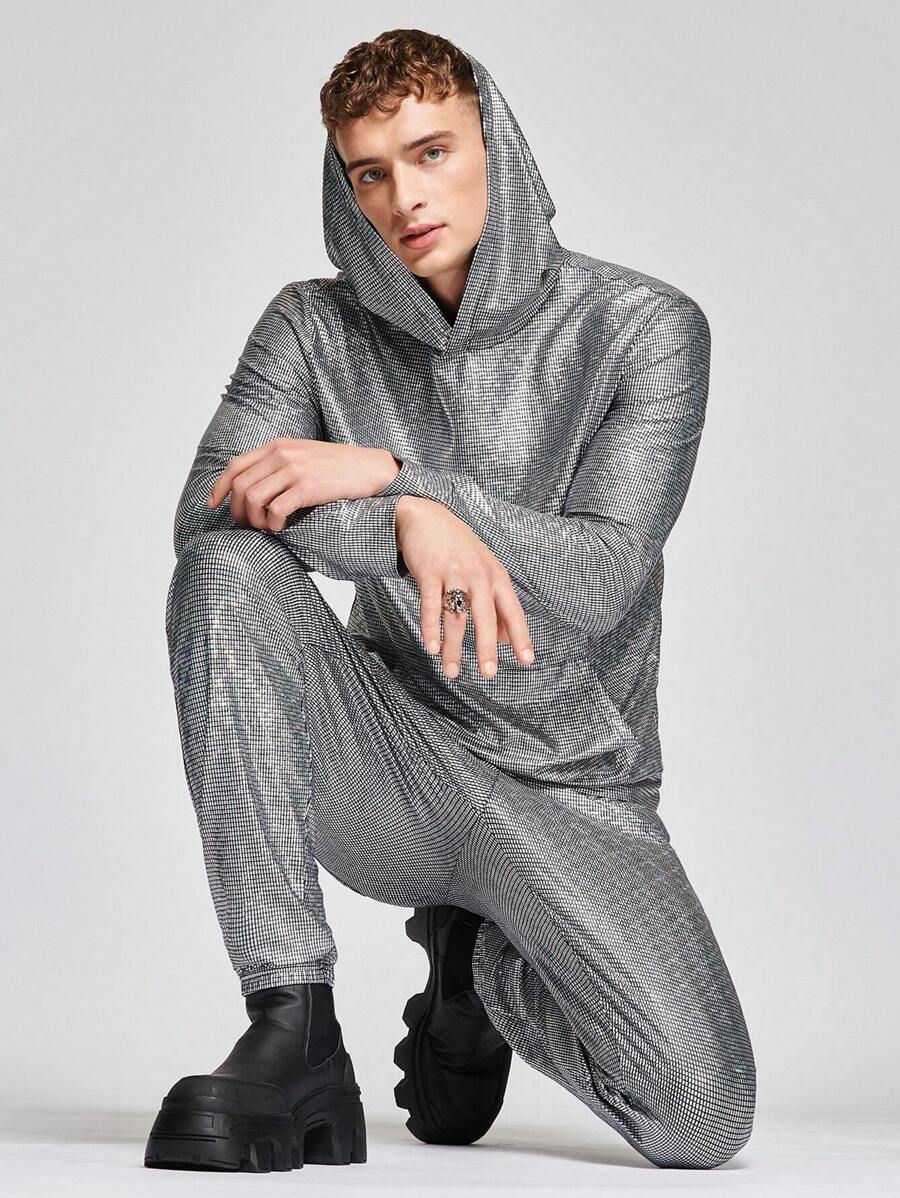 Manfinity RebelGame 男士金屬質感連帽衫和運動褲 - 銀色 - 查看 1