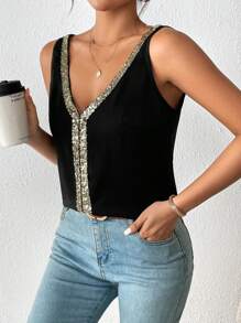 SHEIN LUNE Contrast Sequin Tank Top Graphic Tees Women Tops - Black - View 6