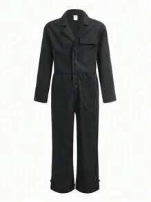 SHEIN Tween Boy Button Front Flap Detail Shirt Jumpsuit - Black - View 1