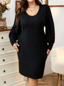 Calvaya Plus Lantern Sleeve Lace Insert Ribbed Knit Dress Without Belt - Black - View 4
