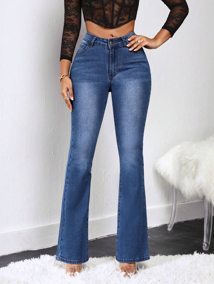 SHEIN Pantalones Acampanados De Mezclilla - Azul lavado medio - Ver 1