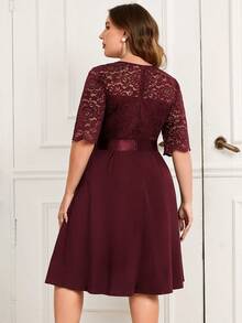 MIUSOL Plus Contrast Floral Lace Half Sleeve Prom Party Swing A-Line Dress, For Wedding Guest, Graduation, Dinner - Burgundy - View 2