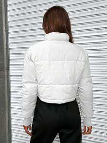 SHEIN EZwear 女士纯色长袖拉链领短款休闲加厚棉服外套，冬季服装 - 白色 - 查看 2