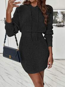 SHEIN Essnce Drop Shoulder Drawstring Hooded Sweater Dress - Black - View 4