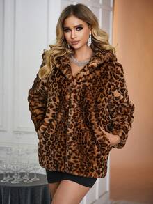 SHEIN Essnce 豹紋印花連帽毛茸茸外套 - 卡其色 - 查看 4