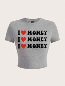 SHEIN EZwear 女款美式字母和心形圖案緊身短袖T恤，夏季款 - 淺灰色 - 查看 1