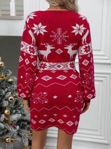 SHEIN Clasi Christmas Pattern Lantern Sleeve Sweater Dress For New Year Clothes - Red - View 2