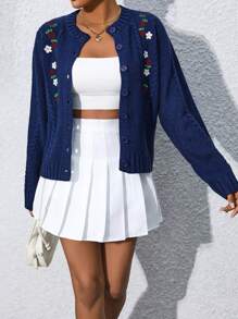 SHEIN Essnce Floral Embroidery Drop Shoulder Button Front Cardigan - Royal Blue - View 1