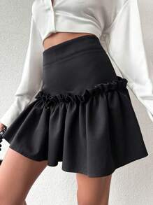 EURMUSE 高腰荷葉邊半身裙 - 黑色 - 查看 5