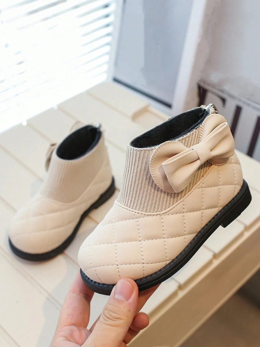 冬季兒童保暖靴,新款扁平蝴蝶結女童靴,柔軟底部,暖和毛絨內裡,pu皮革嬰兒靴,女童短筒靴